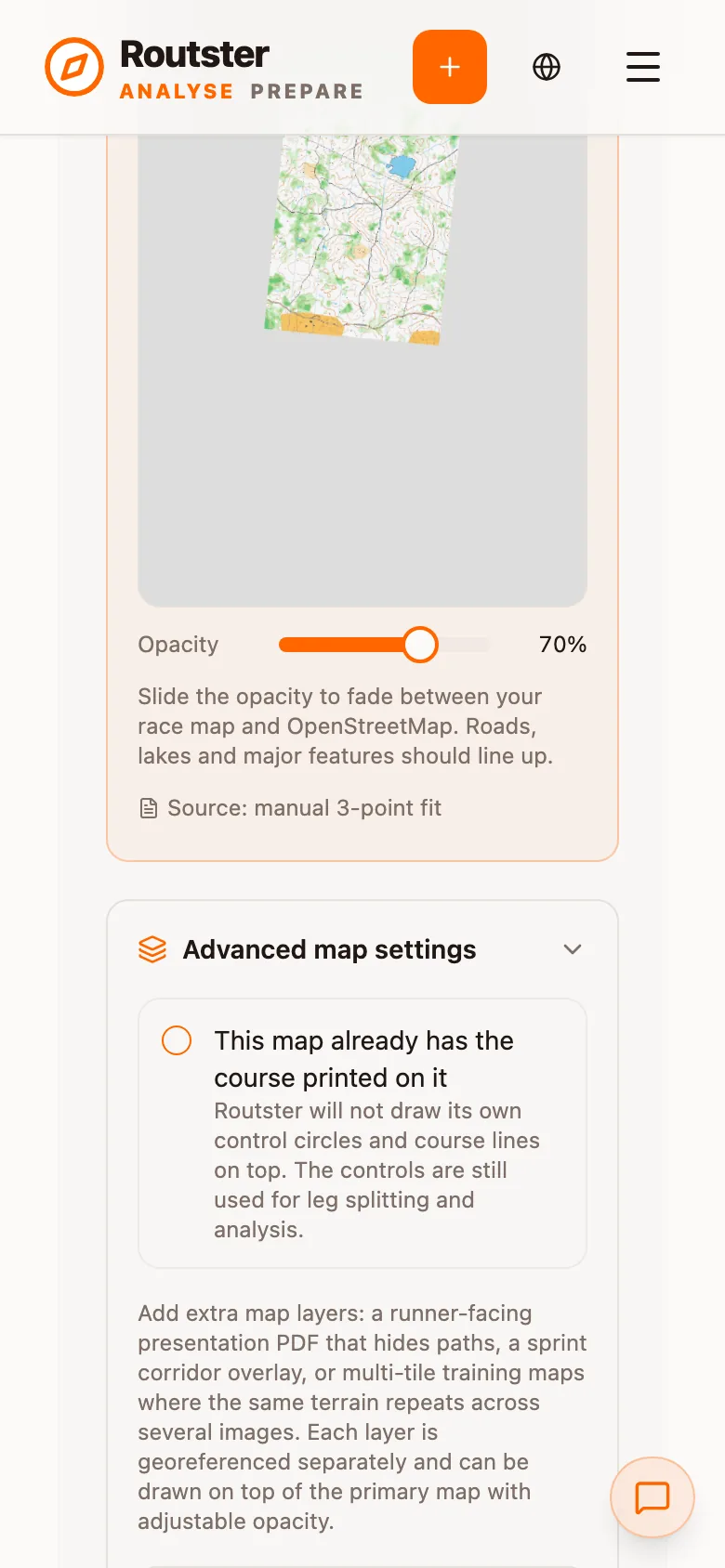 Advanced map settings opened: the printed-course option and the extra layers explanation