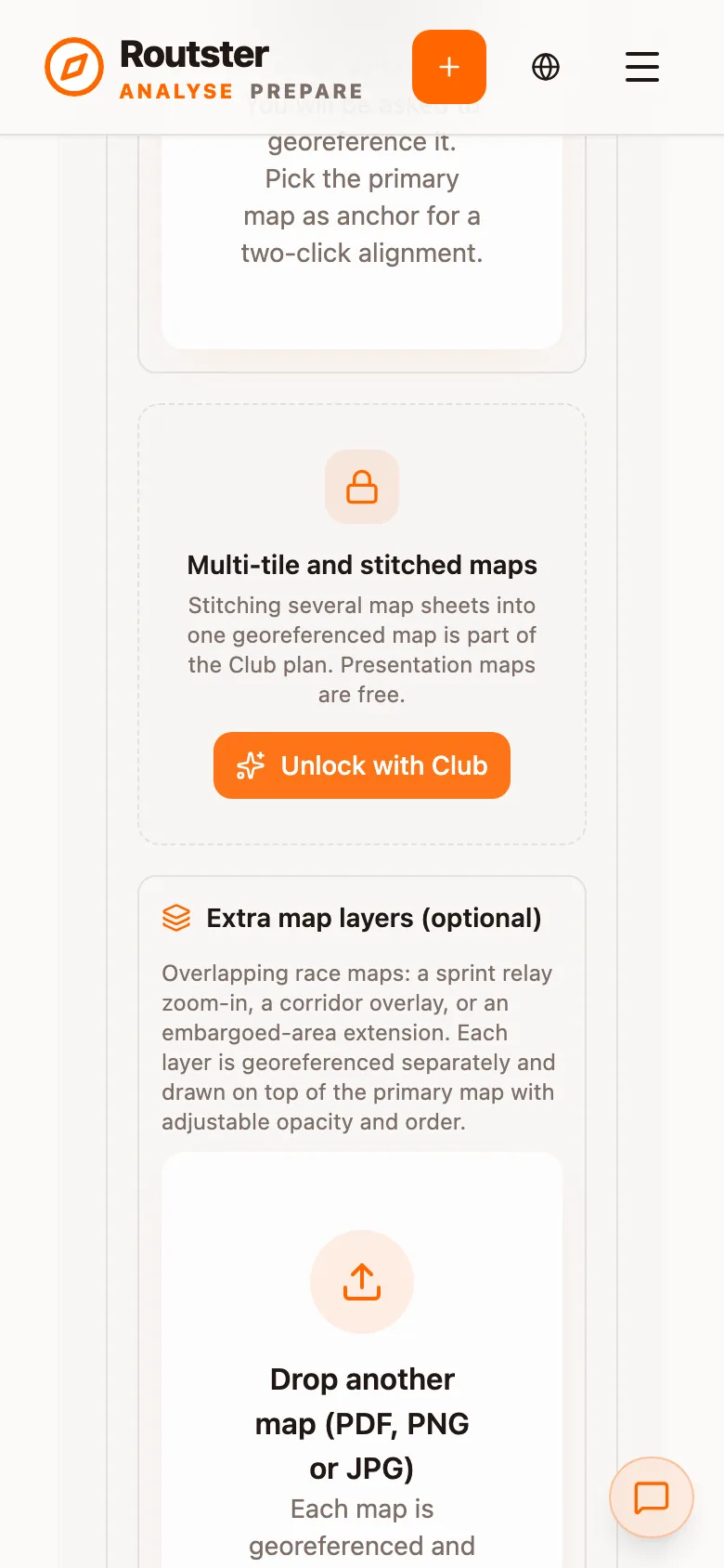 Multi-tile and stitched maps gated behind the Club plan, and Extra map layers (optional)