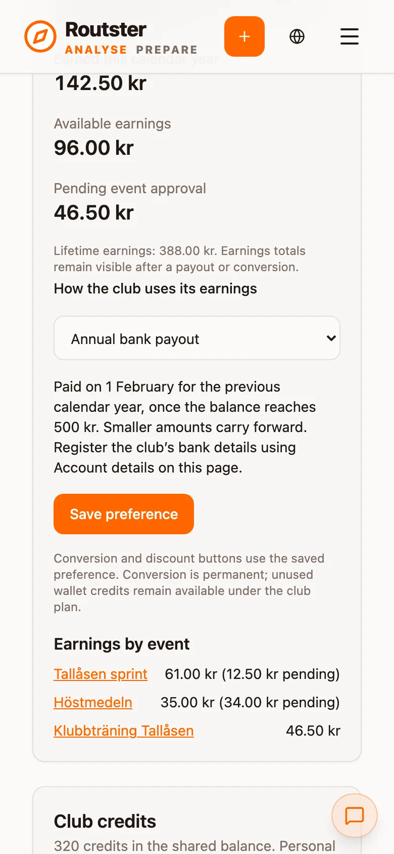 Club revenue sharing: earned this calendar year, available earnings, pending event approval and earnings by event