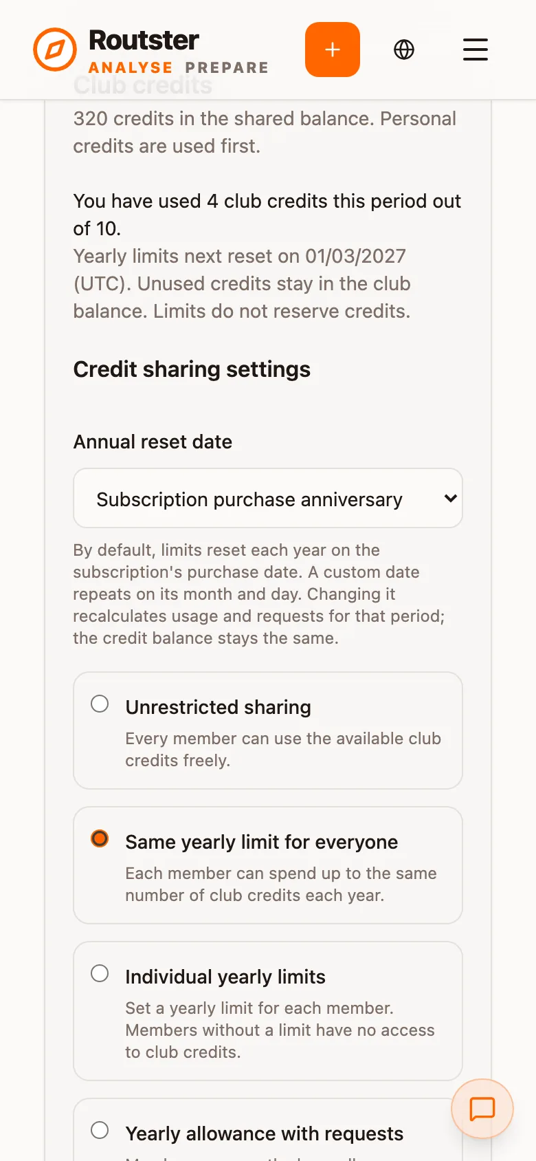 Club credits and the Credit sharing settings
