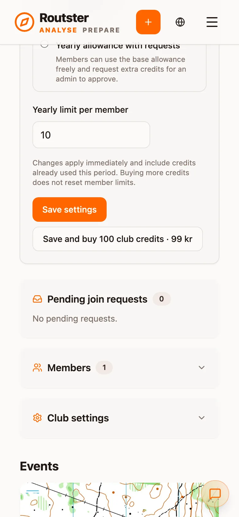 The yearly limit per member, Pending join requests, Members and Club settings