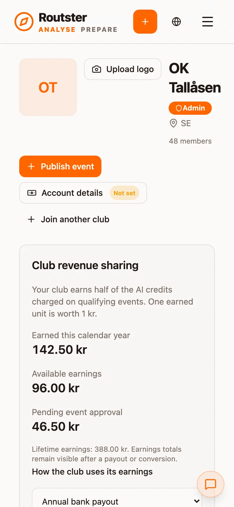 A club page for an administrator, with Upload logo, Publish event and Account details
