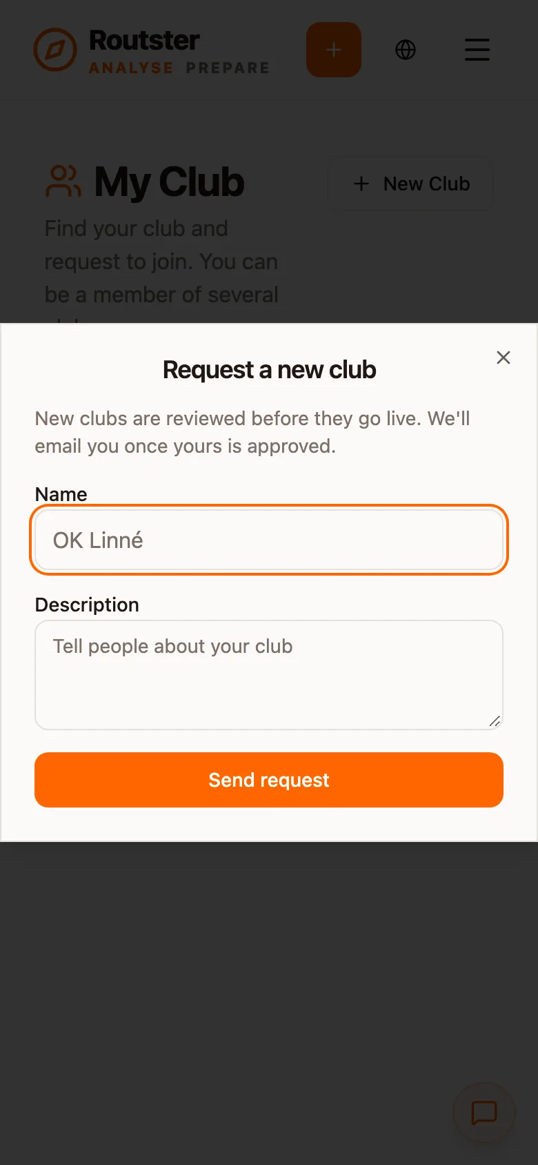 The Request a new club dialog with a name and a description