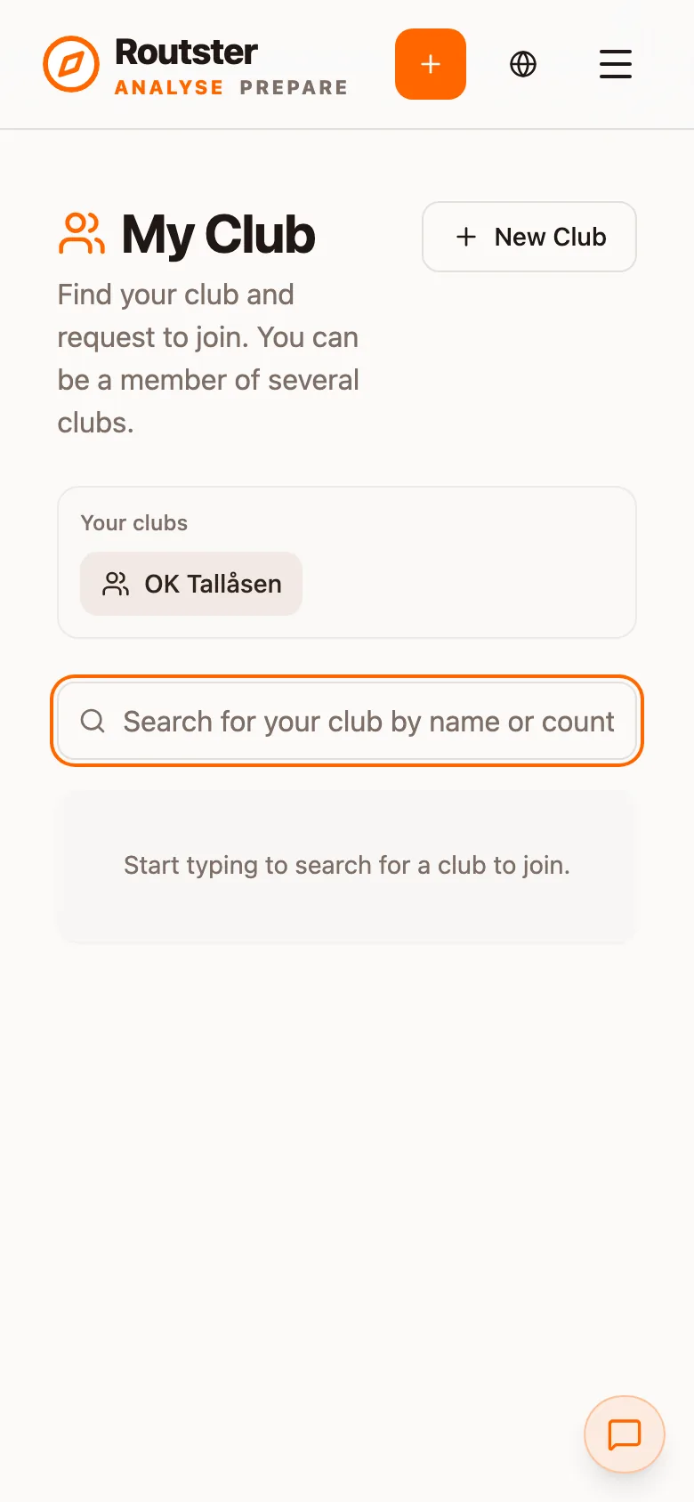 The My Club page with Your clubs, a search box and a New Club button
