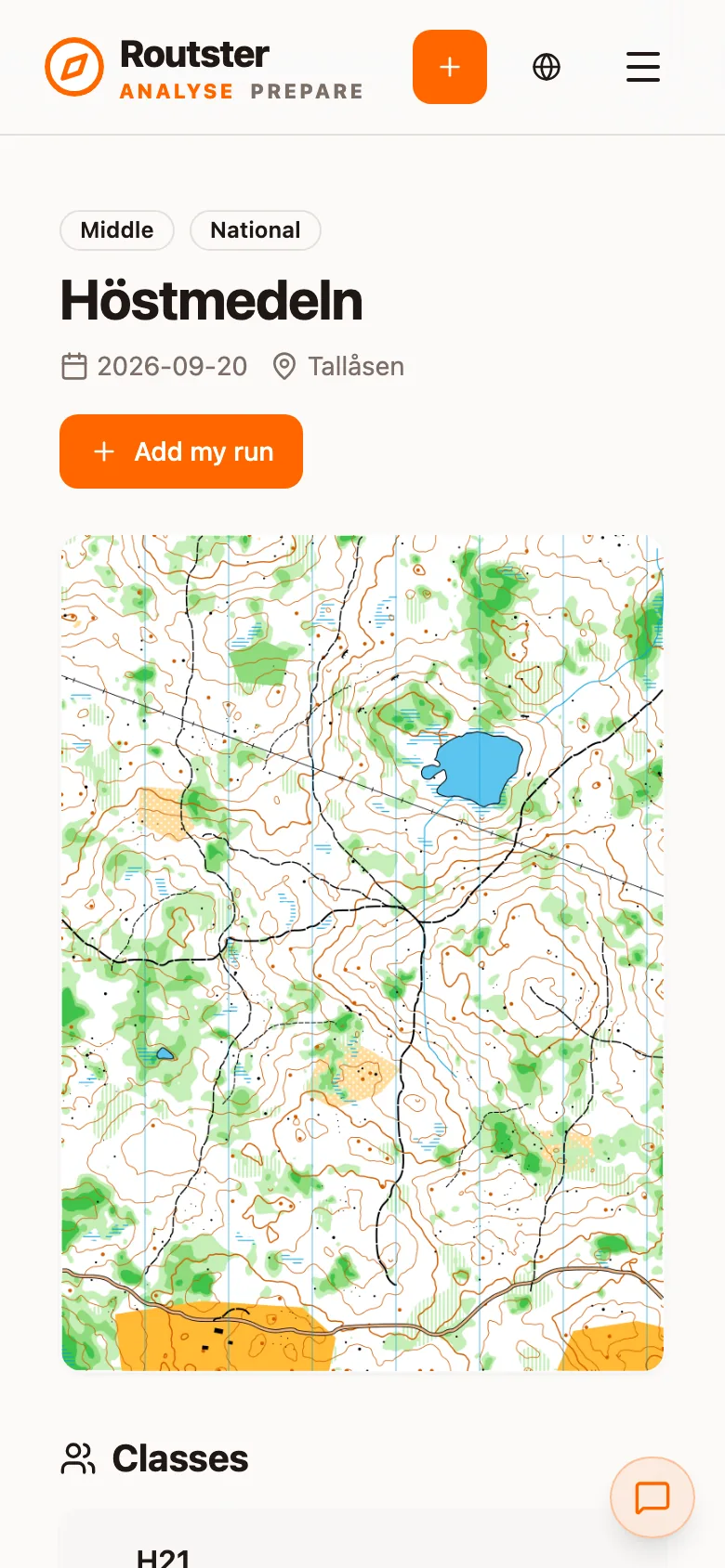 An event page with the classes and a View my run button
