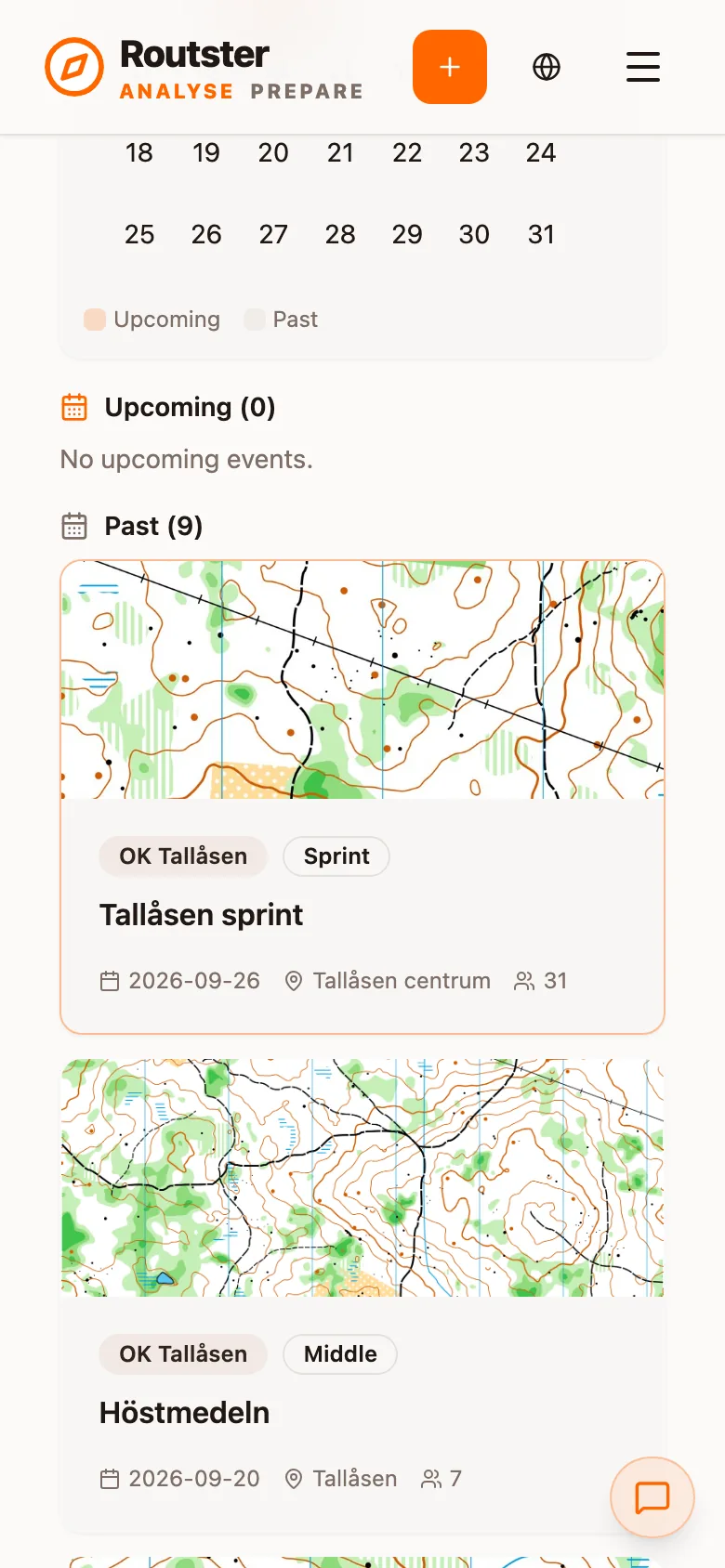 The calendar view of the events page