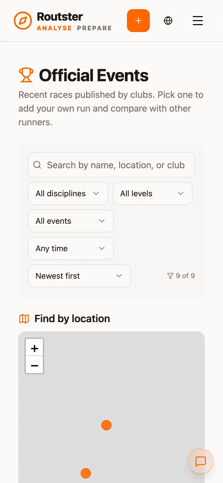 The events page with a search box and filters