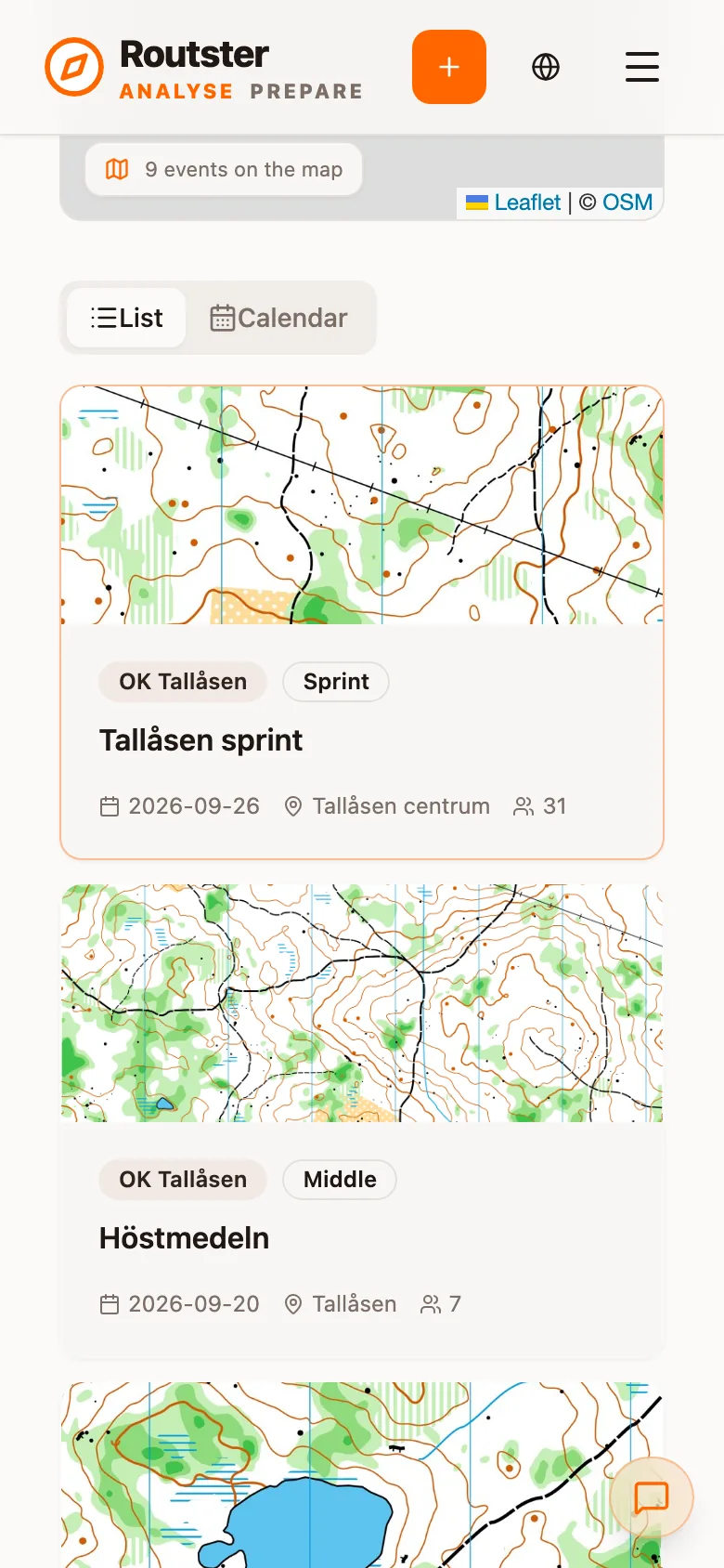 The events page with search and filters above a list of event cards with map thumbnails