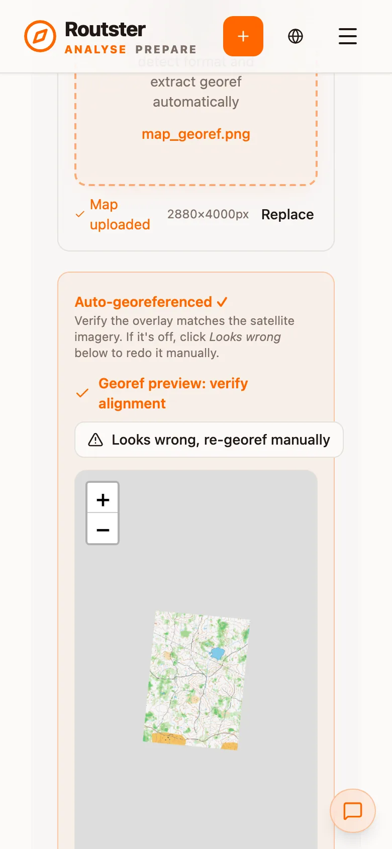 The Map step after an automatic georeference, with Looks wrong, re-georef manually