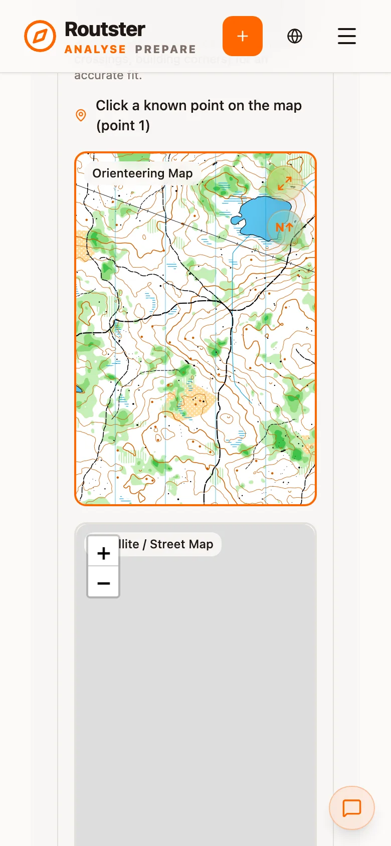 The orienteering map above the satellite map for placing points