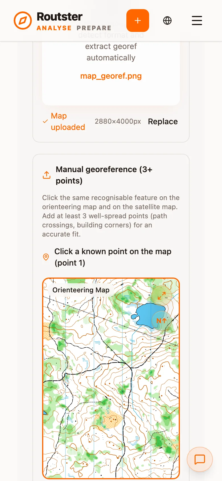 Manual georeference: click a known point on the orienteering map