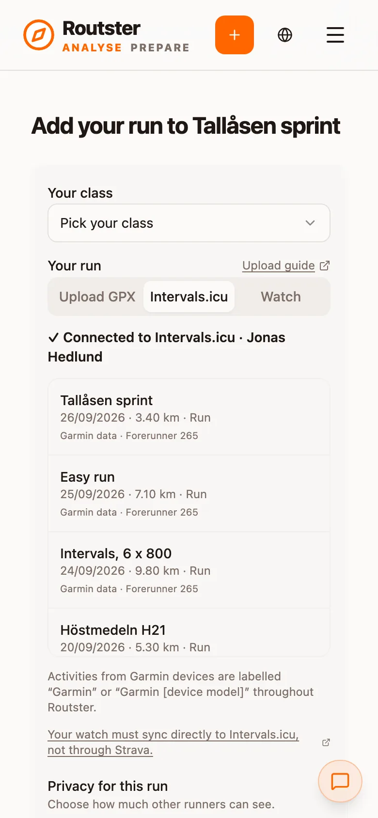 The Intervals.icu tab, connected, with a list of activities