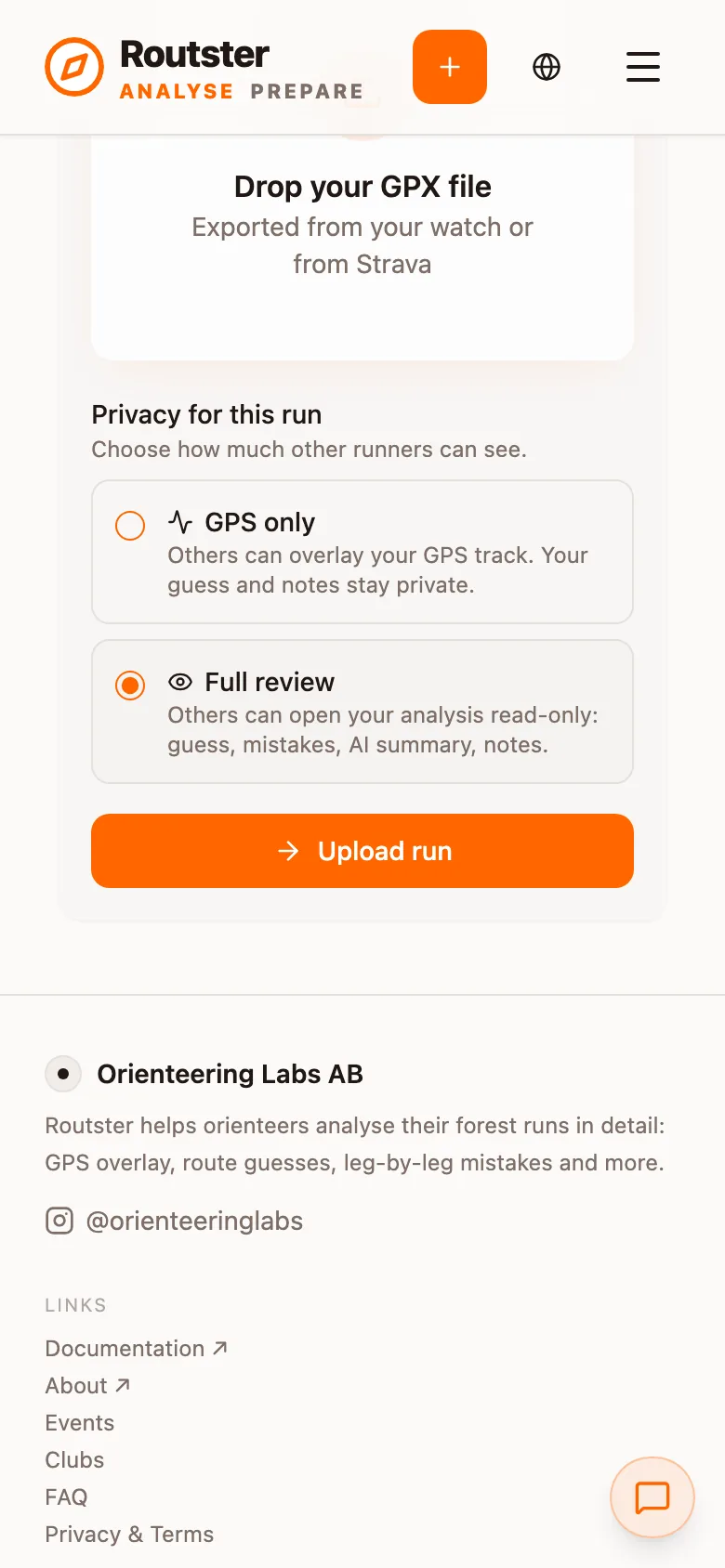 The privacy choice GPS only or Full review above the Upload run button