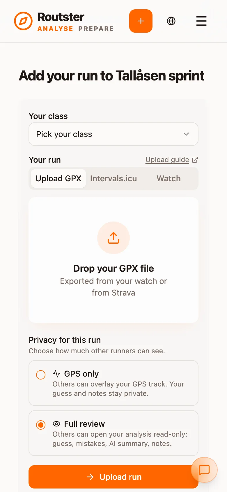 The upload step on the Upload GPX tab, with a class picker and a drop zone