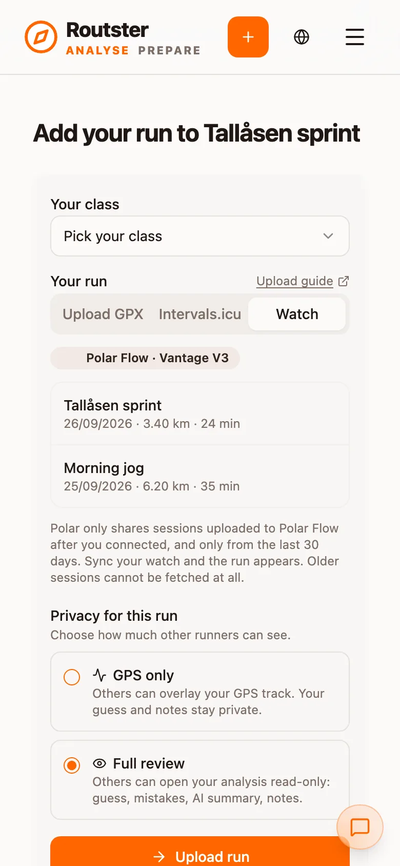 The Watch tab with Polar Flow connected and two sessions listed