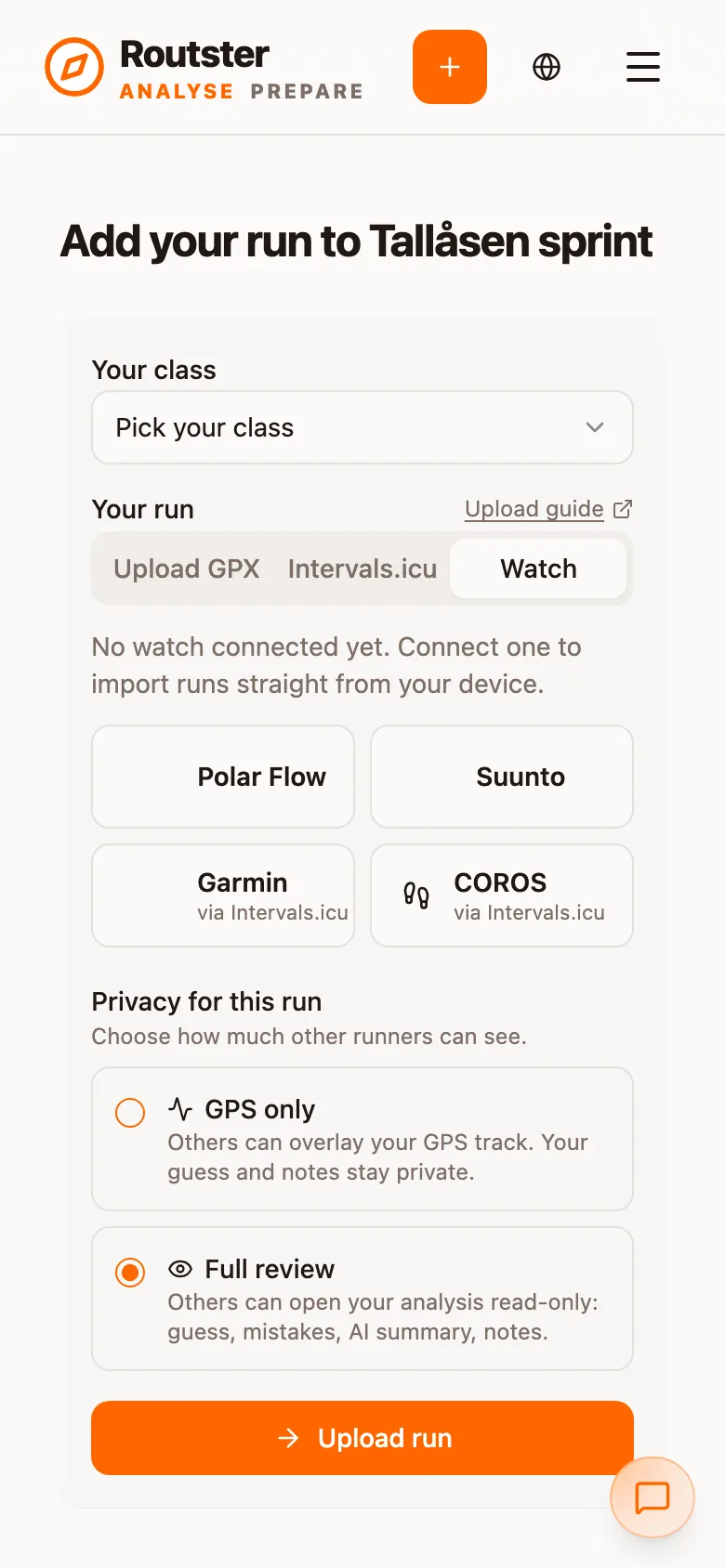 The Watch tab before anything is connected, with Polar Flow, Suunto, Garmin and COROS