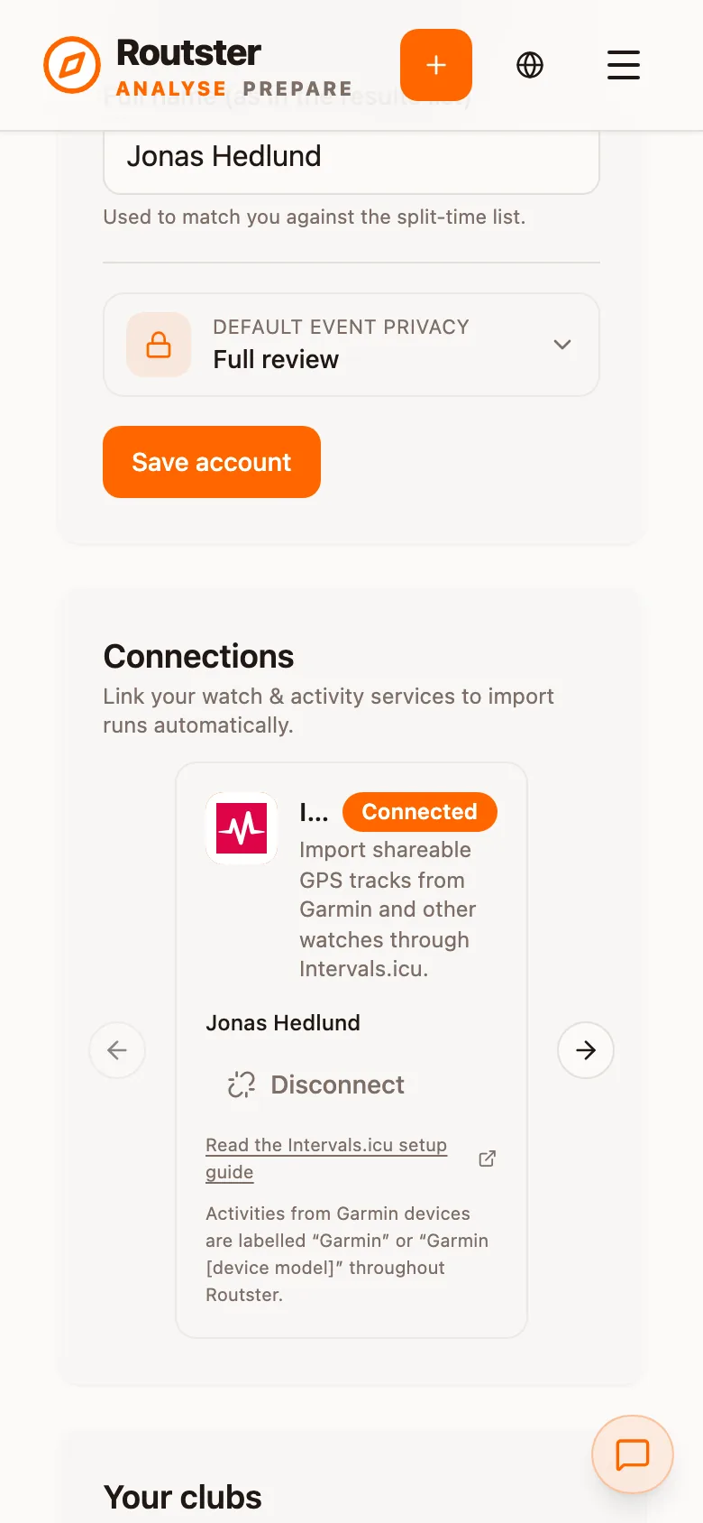 The Account tab: identity and the Intervals.icu connection