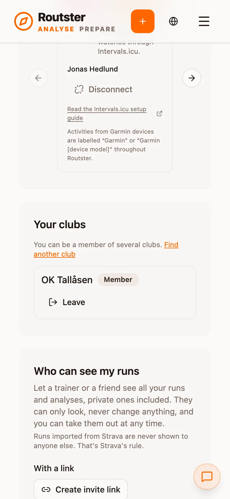 The Account tab: clubs and who can see my runs