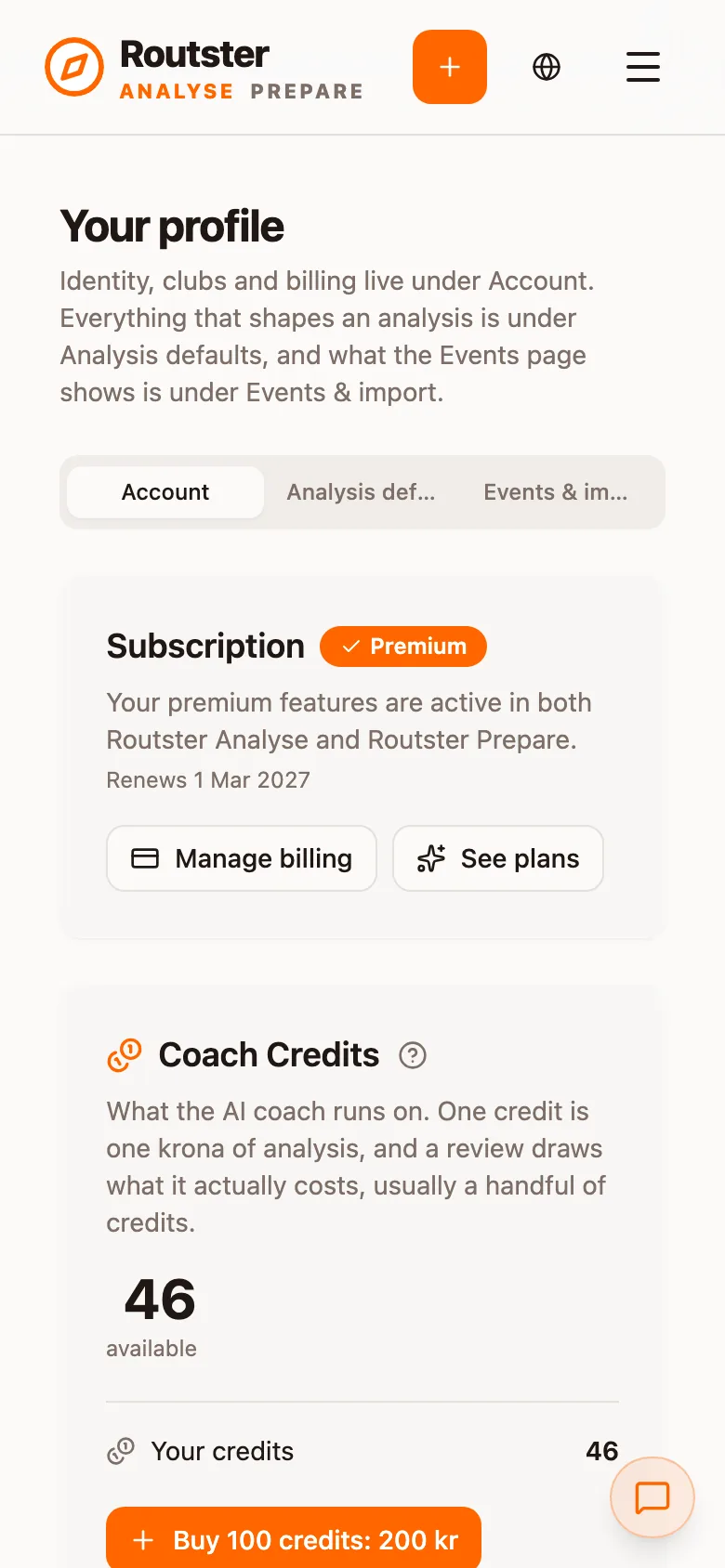 The Account tab: subscription and coach credits