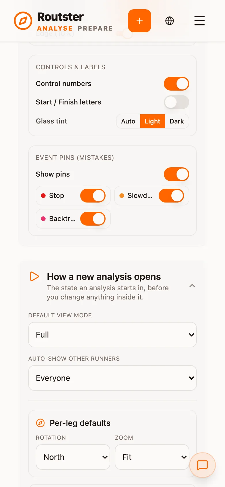 Analysis defaults: labels, control numbers and event pins