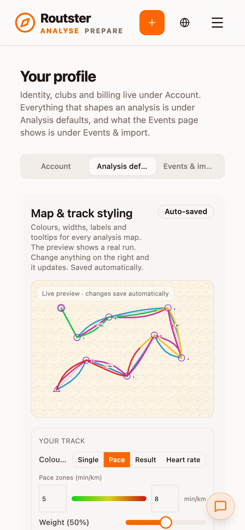 Analysis defaults: map and track styling with a live preview