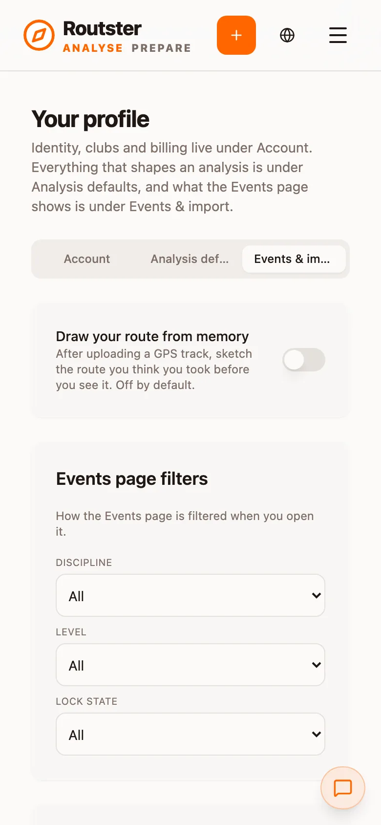 Events & import: events page layout