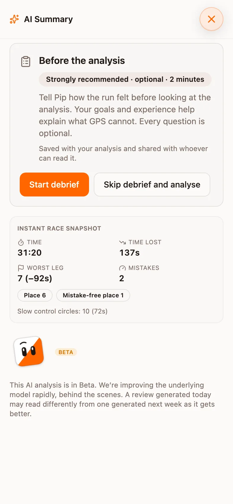 The AI Summary sheet at the start: the debrief offer and the instant race snapshot
