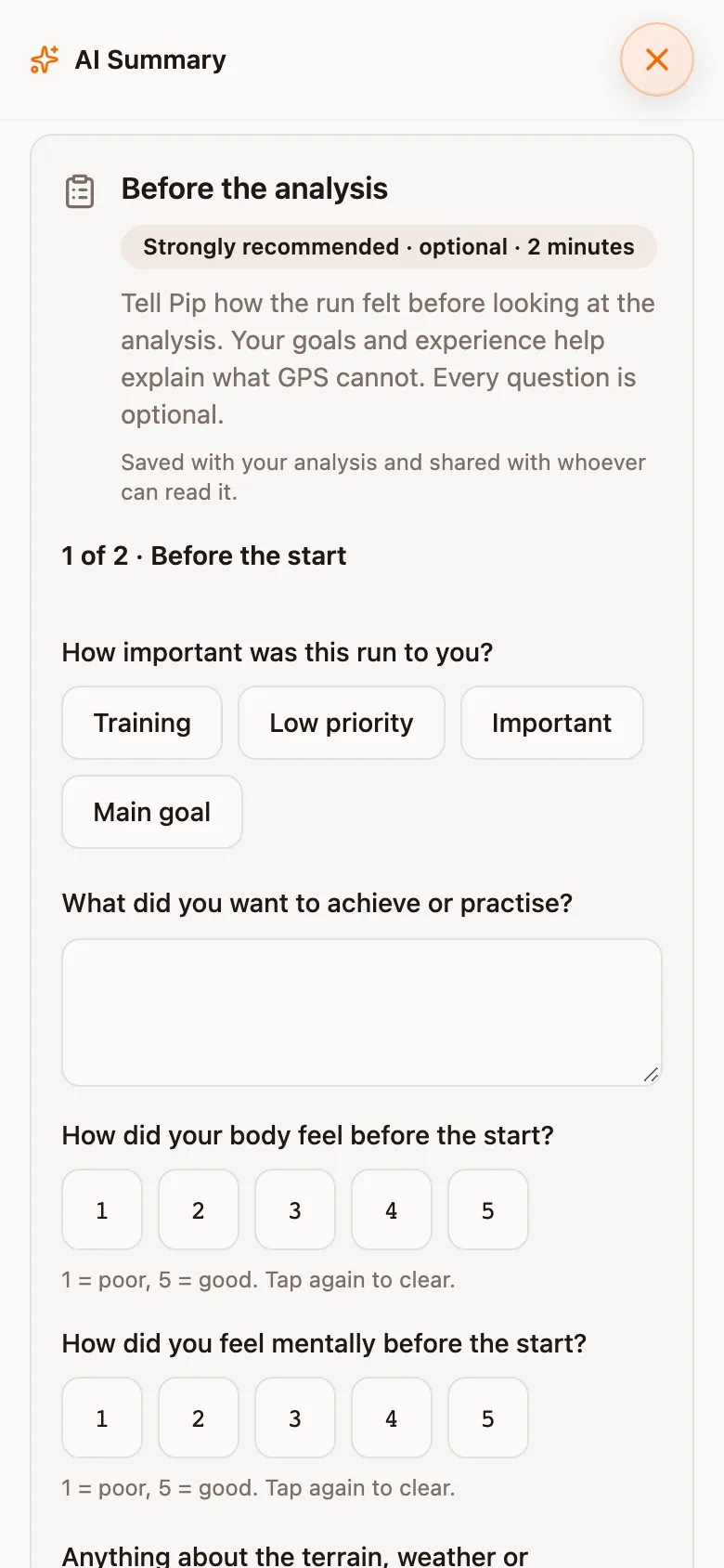The debrief questions, with how important the run was and a free text field