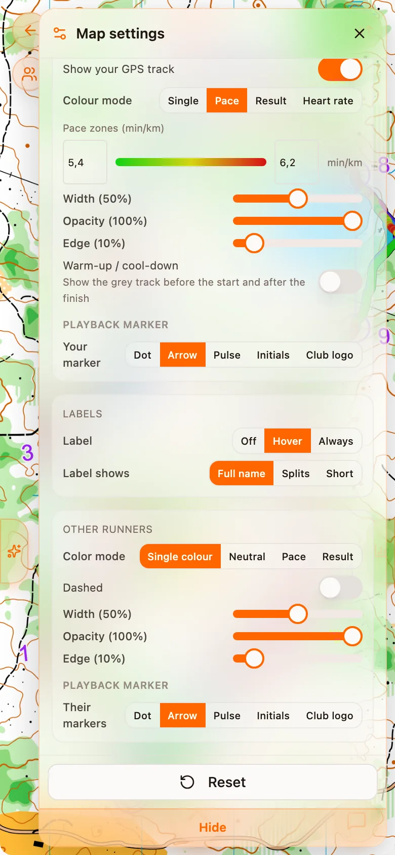 Map settings: playback marker, labels and other runners