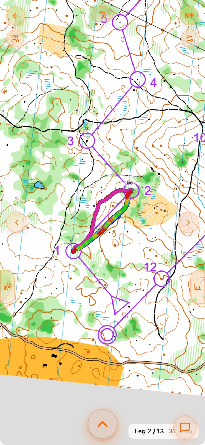 Leg 2 with the whole field drawn, one runner taking a longer route to the left
