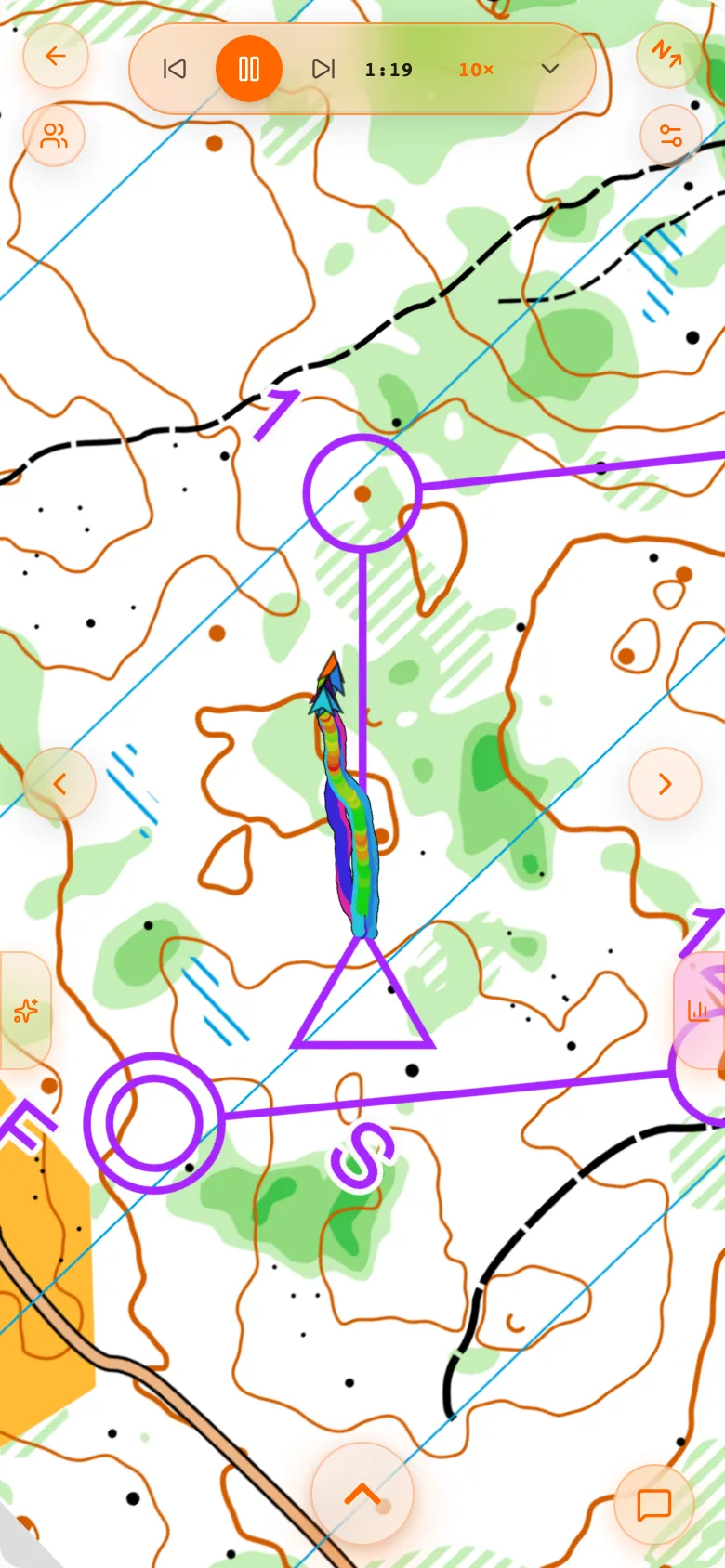 Replay running at ten times speed with the runner's trail behind the marker