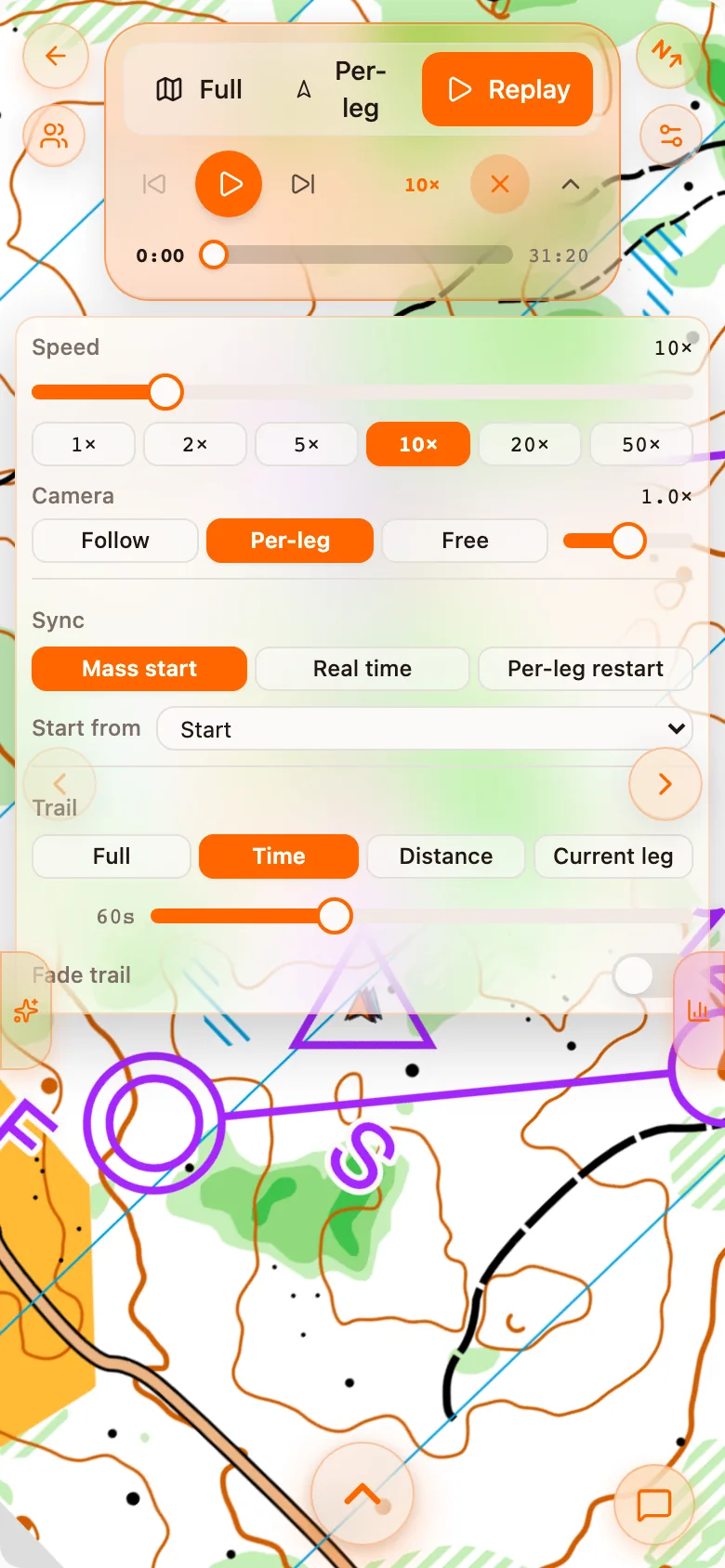 The playback settings: speed, camera, sync, start point and trail
