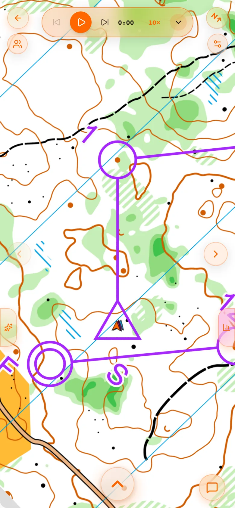 Replay at the start: the play bar at the top and the runner's marker on the start triangle