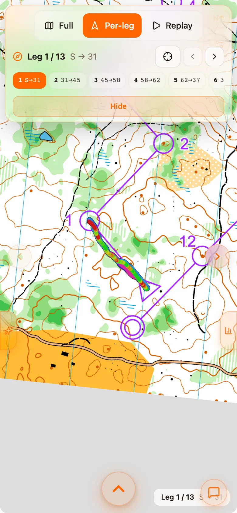 The toolbar with Per-leg selected, showing Leg 1 of 13 and the strip of legs