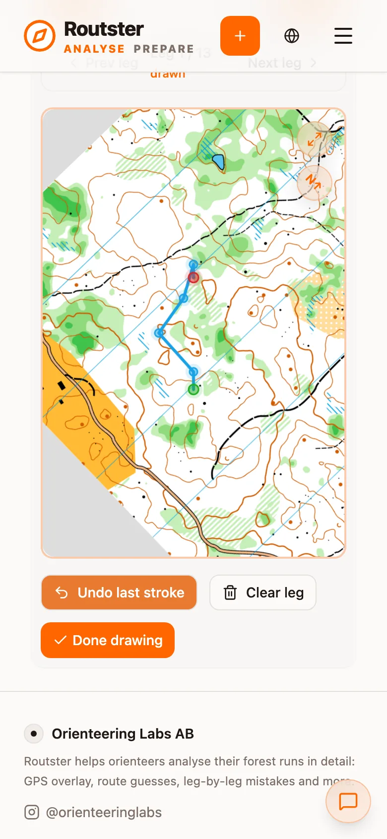 The buttons under the map: Undo last stroke, Clear leg and Done drawing