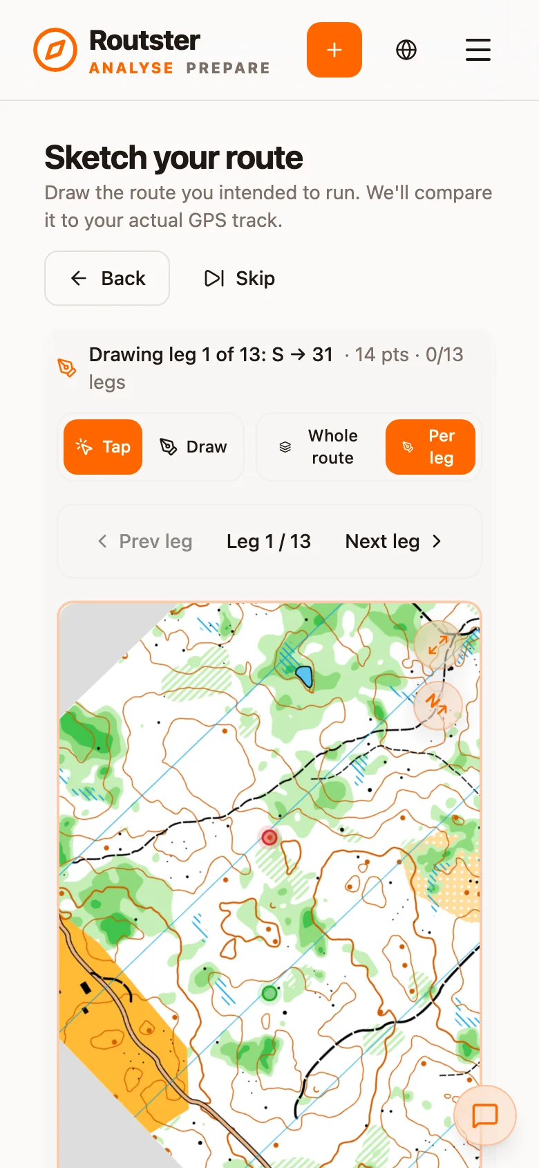 The Sketch your route page at leg 1 of 13 with the Tap and Draw modes and the map
