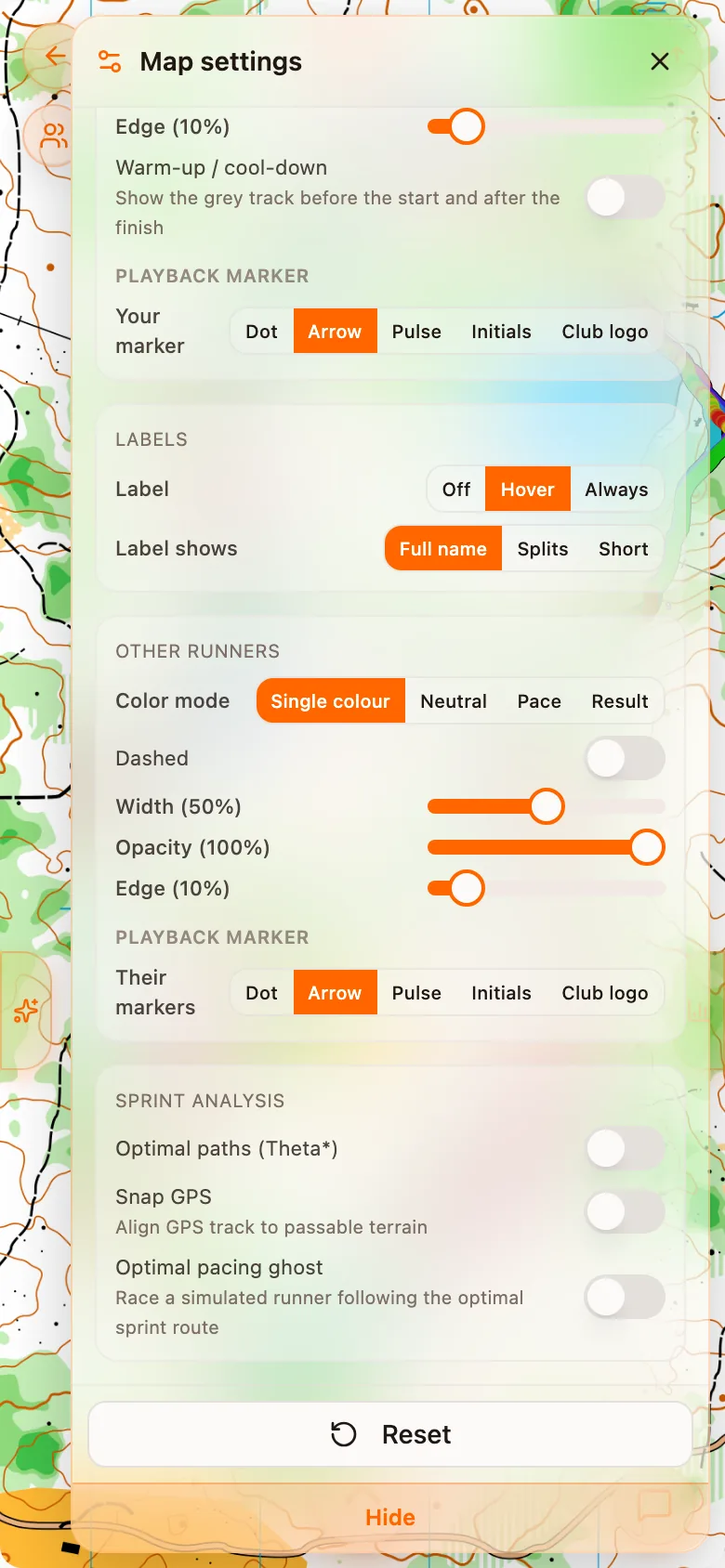 The Sprint analysis group in map settings with Optimal paths (Theta*), Snap GPS and Optimal pacing ghost