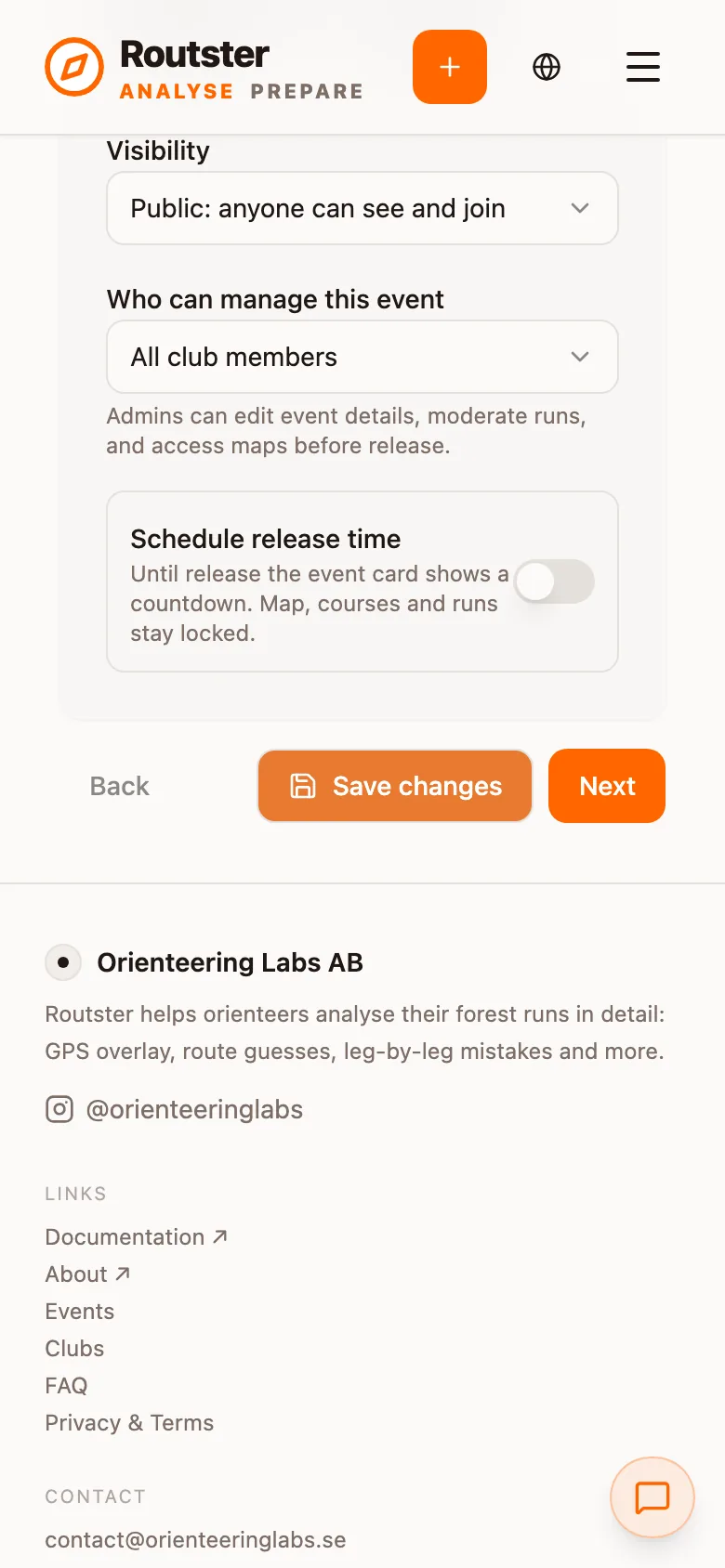 Step 1 lower half: visibility, who can manage the event and the release time switch