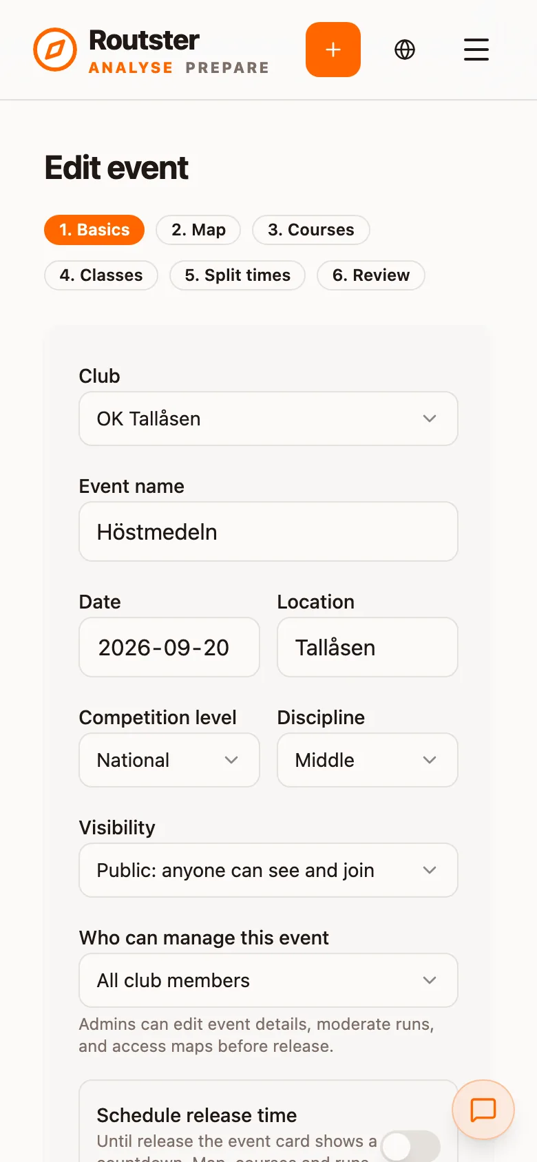 Step 1, Basics: club, event name, date, location, level and discipline