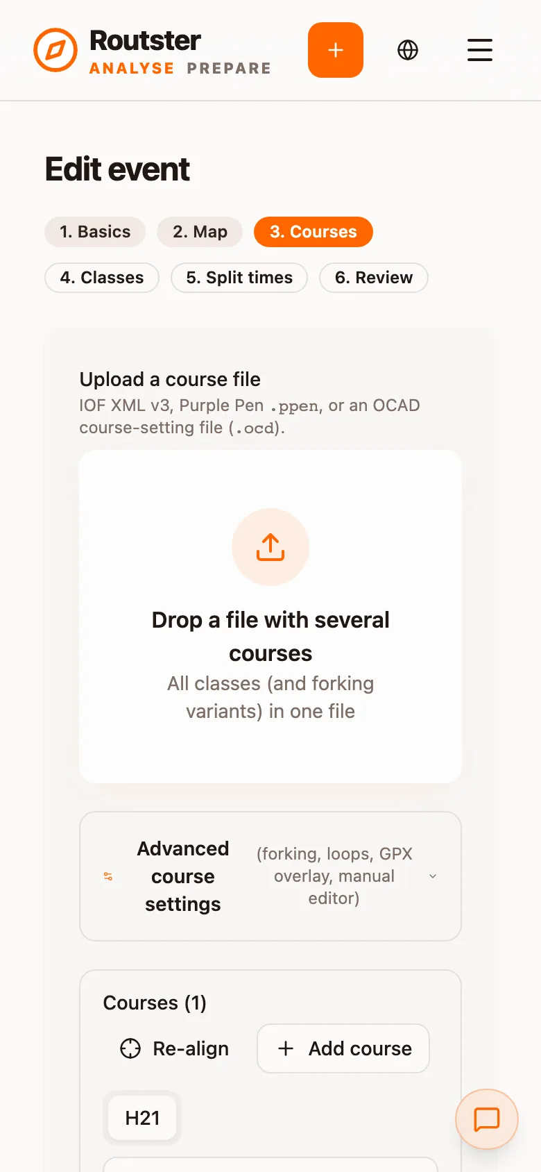 Step 3, Courses: a drop zone for a course file and the list of courses