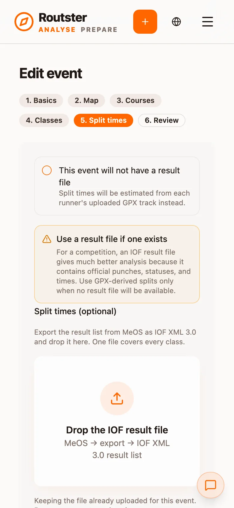 Step 5, Split times: the option for events without a result file, and a drop zone for the IOF result file
