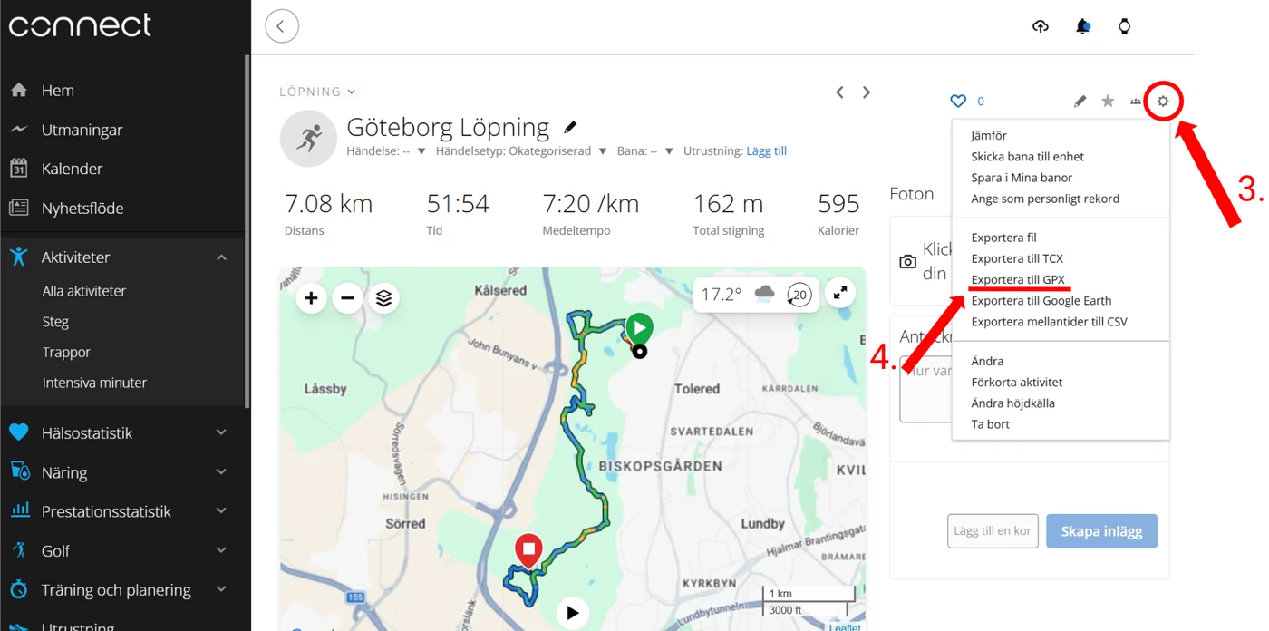 Garmin Connect activity page with the gear menu open and Export to GPX highlighted