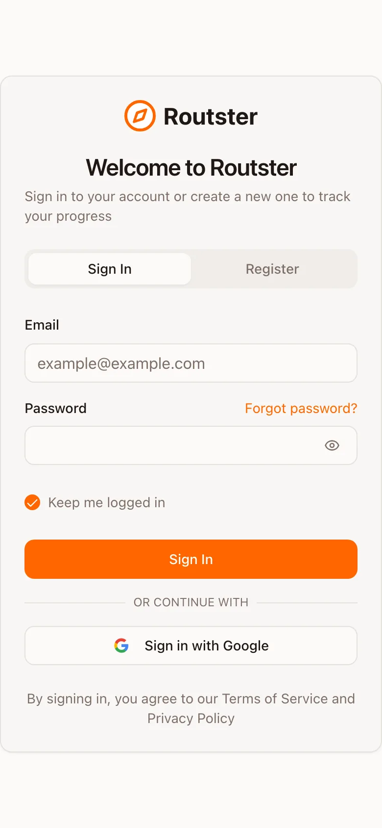 The Routster sign-in page with Sign In and Register tabs, email and password fields and a Google button