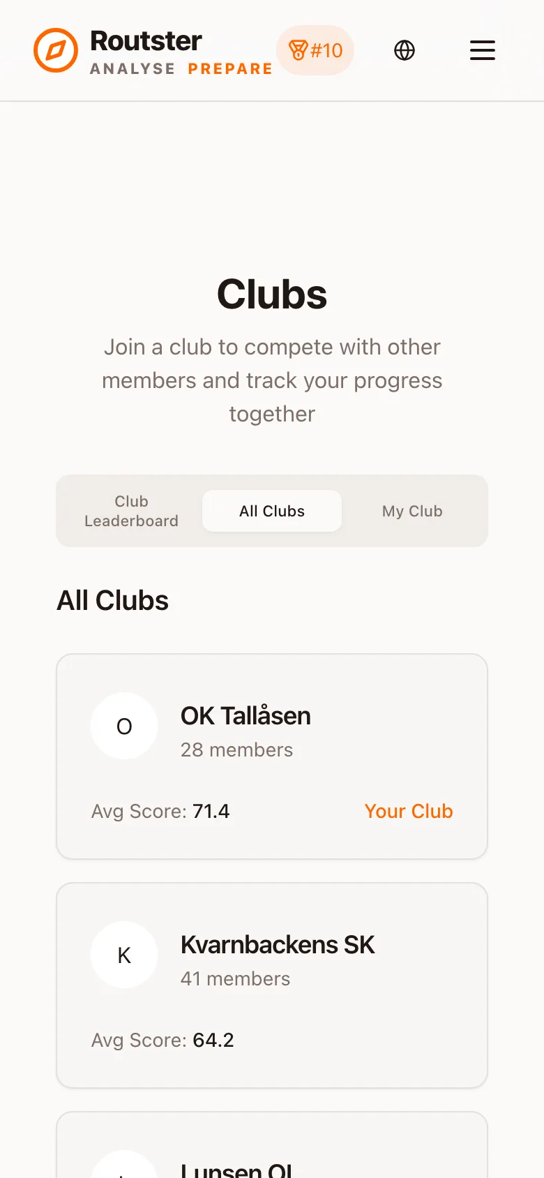The All Clubs tab listing every club with its member count and average score