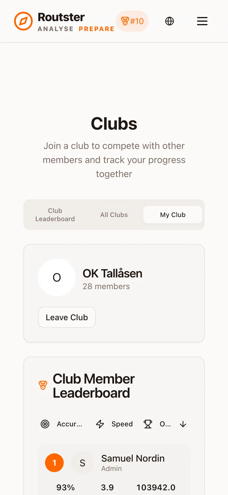 The My Club tab with the club and the member leaderboard