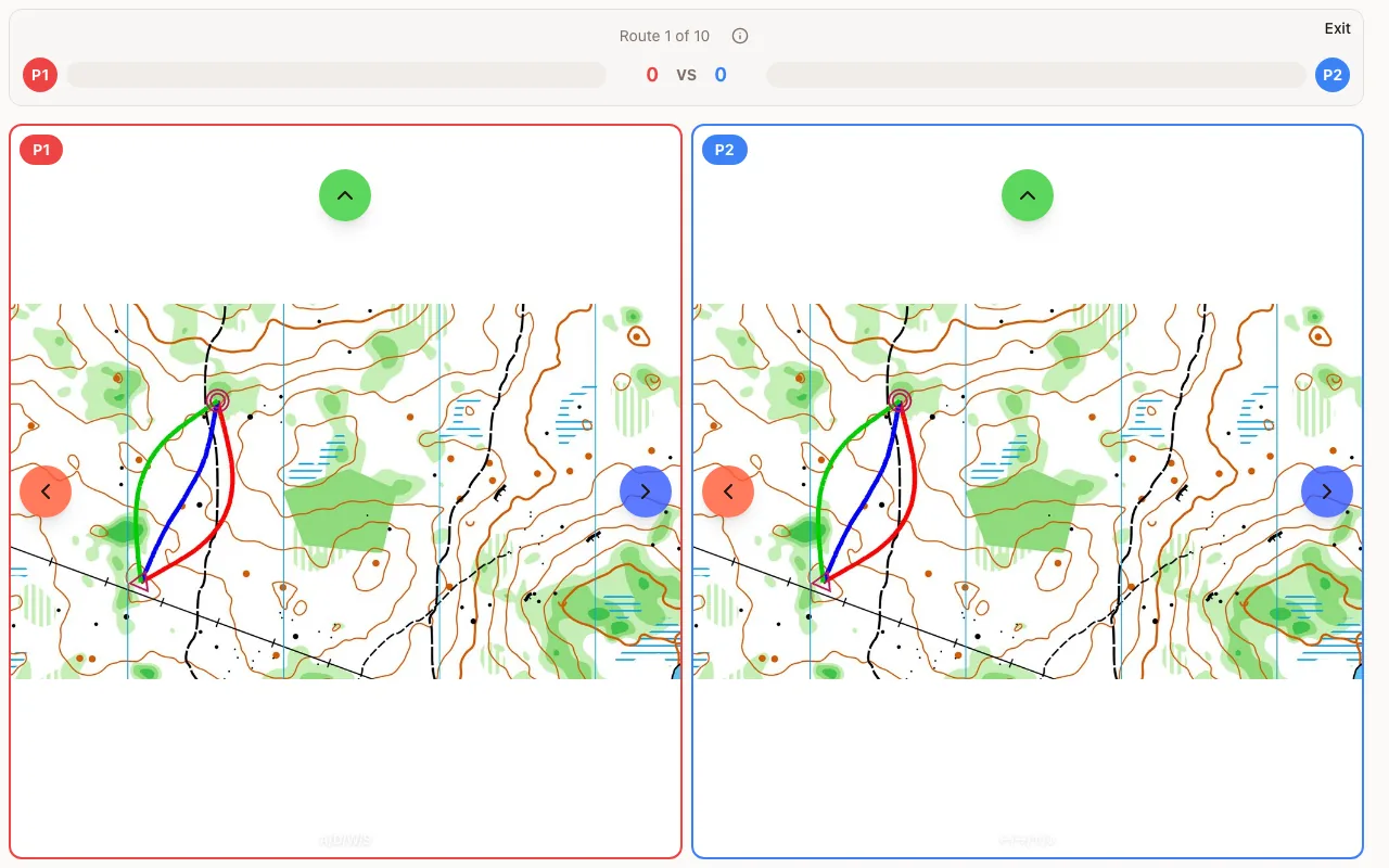 A local duel: two panels, P1 and P2, each with its own route arrows