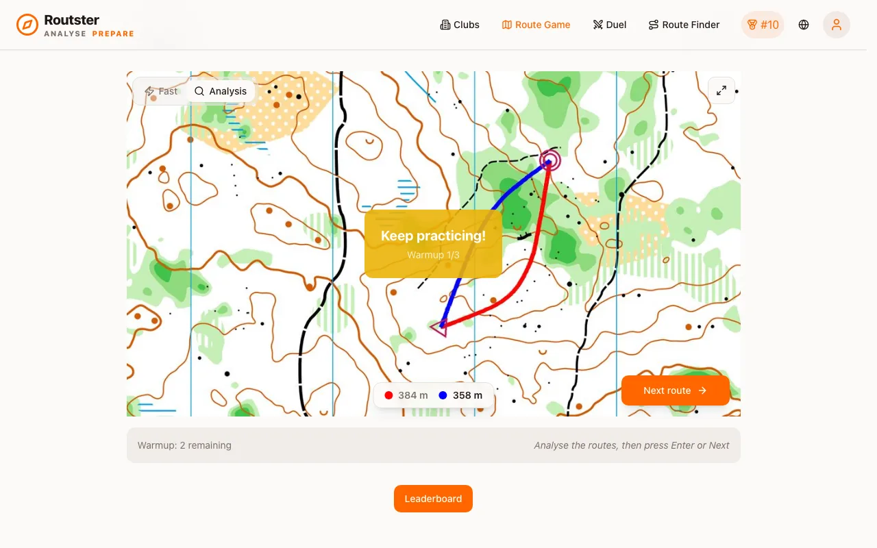 Analysis mode holding the map after an answer, with the route lengths in metres and a Next button