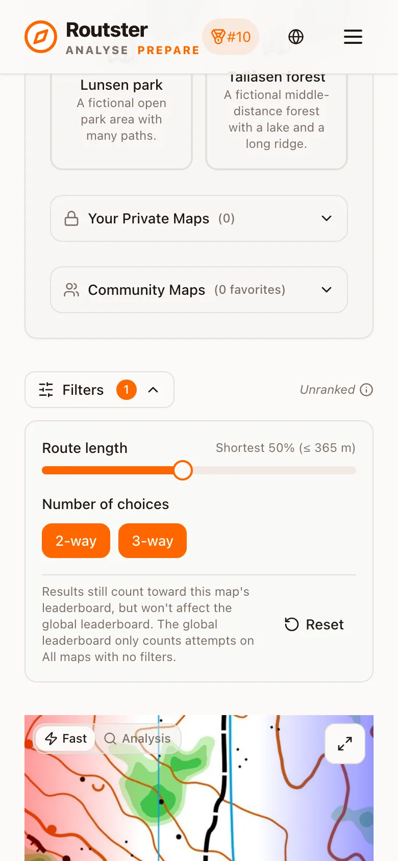 The Filters panel with the Route length slider