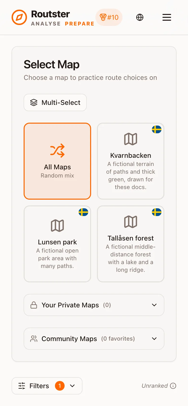 Prepare's Select Map screen with All Maps and three maps