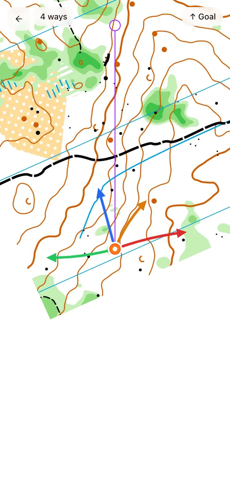 Standing at a junction with four coloured arrows, a 4 ways chip and a Goal chip